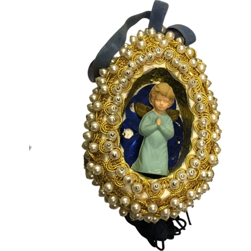 MCM Vintage Christmas Handmade Beaded Praying Angel Egg Diorama Ornament